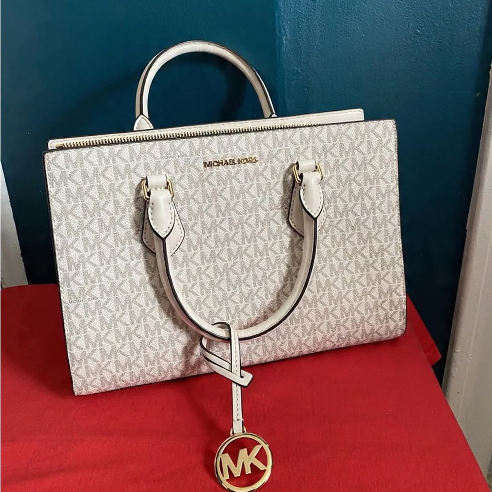 Michael Kors Cream Logo Monogram Satchel with Gold MK Charm